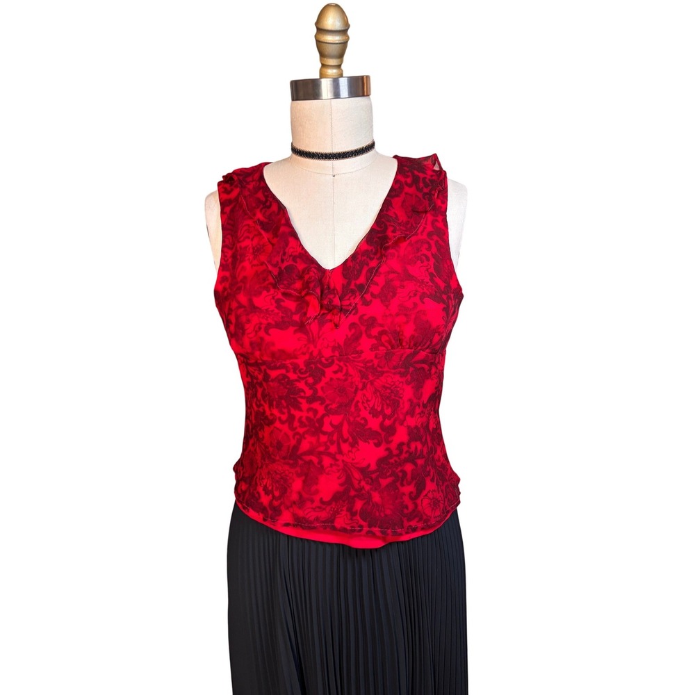Y2K Ruffle V-Neck Floral Damask Chiffon Sleeveless Blouse Medium Red